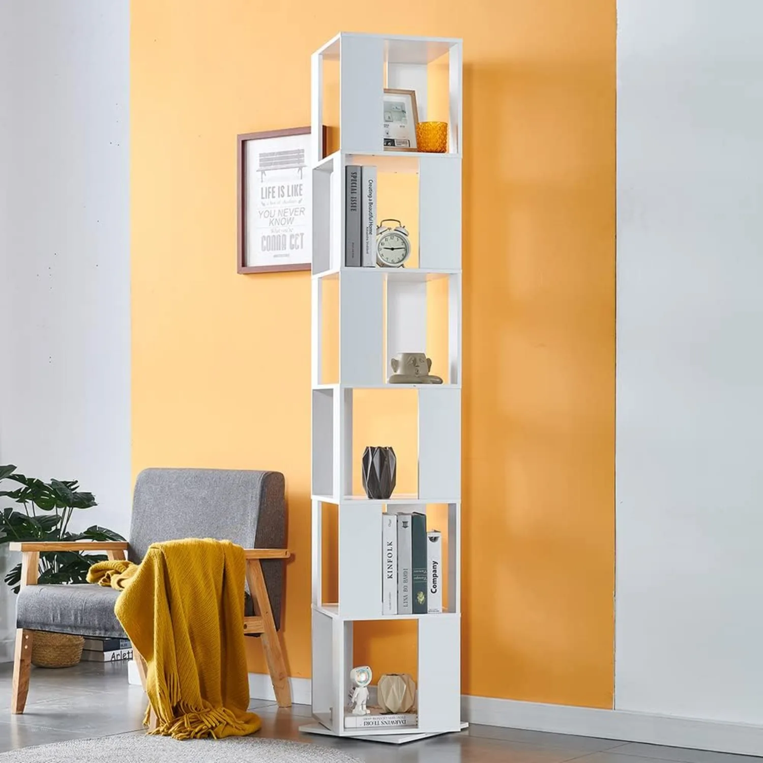 Rotating Bookshelf 360°, 6 Tier Corner Bookcase for Living Room Floor Bookcase Wooden Bookshelf Home Office Corner Tall Bookcase