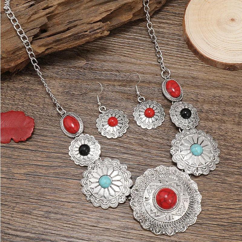 

Tibetan Necklace Earring Set Women's Silver Gold Color Flower Necklaces Ethnic Bohemian Tribal Turquoises Statement Jewelry Gift