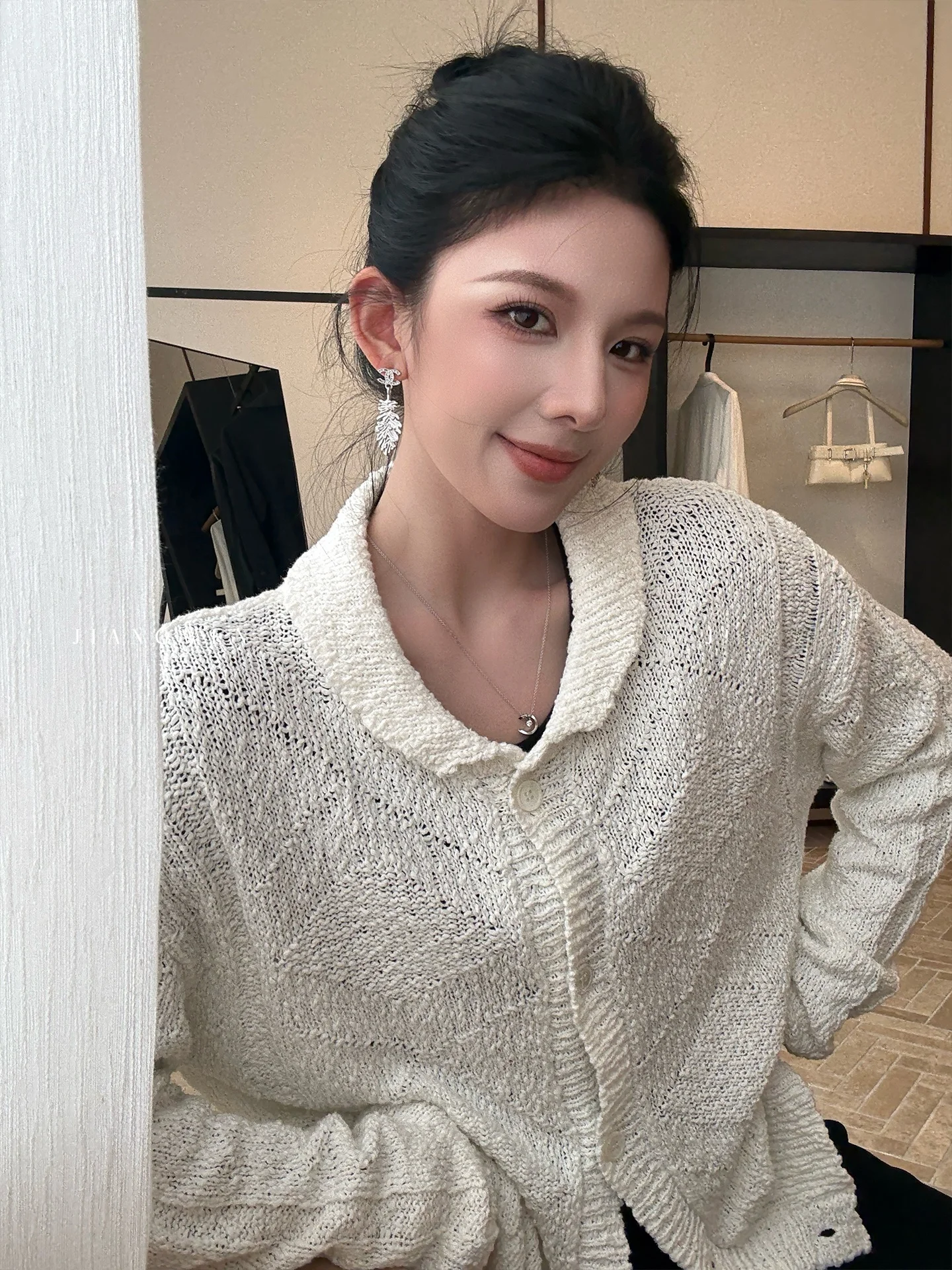 

Ele Knitted Emed Patchwork Open Cardigan Hollow out Collar Sweater Outerwear Pure Color Faionable Winter Ladies