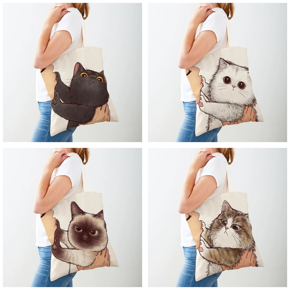 Both Sided Shopper Bag Funny Cartoon Cat Casual Women Shopping Bag Reusable Cute Pet Animal Canvas Lady Tote Handbag for Child