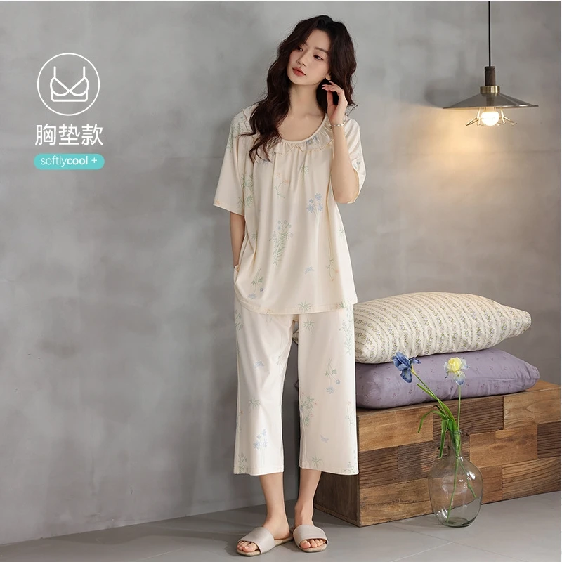 Women's Sleepwear Summer Bralette One-Piece 2026 New Style Thin Short Sleeve Seven-Eighths Pant Set