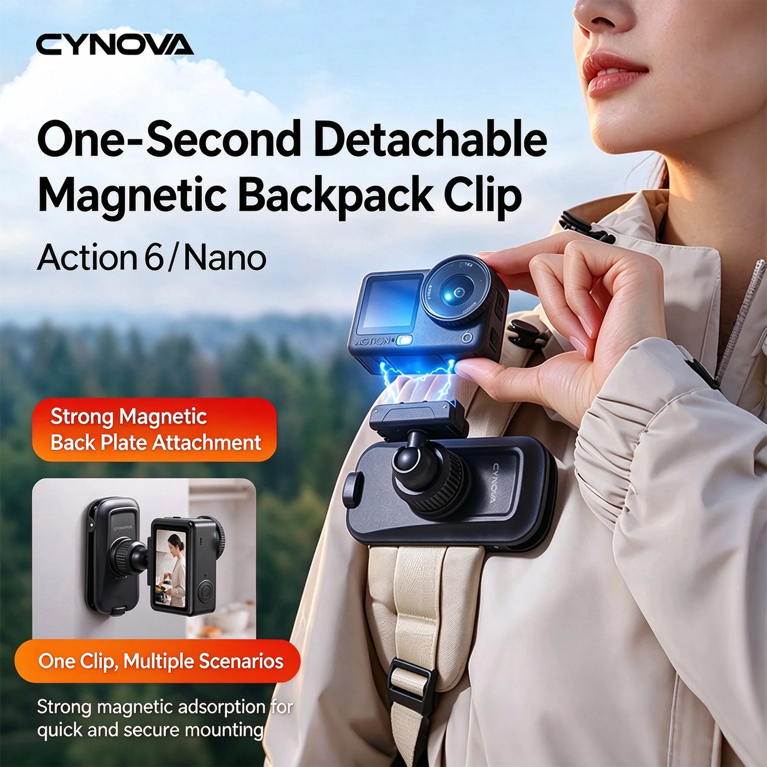 Magnetic Backpack Strap Clip For DJI OSMO NANO ACTION 6 Camera 360° Adjustable Ball Head Mount Holder Anti-slip Clamp Accessory