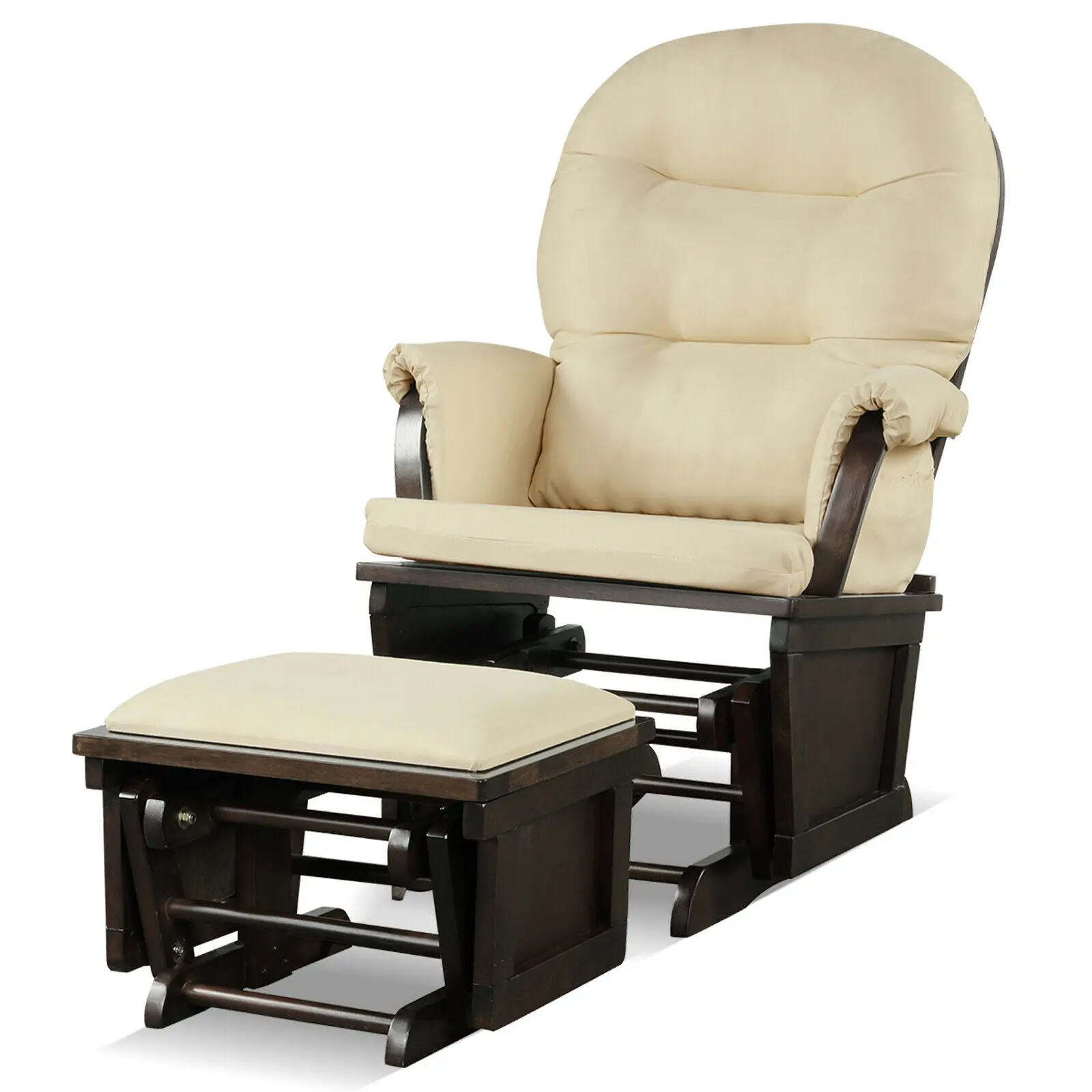 Costway Wood Glider and Ottoman Cushion Set Baby Nursery Rocking Chair Beige/Grey