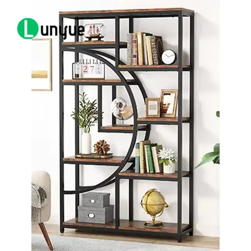 Industrial Oak Metal 5-Tier Bookshelf Antique 9-Grid Storage Rack Elevated Shelf for Living Room Spacious Furniture