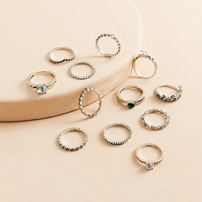 Anillo de diamante mozzarella de 12 piezas, venta al por mayor, flor de plata retro, diseño antiguo, sentido de nicho, conjunto de anillo de dedo índice de diamante