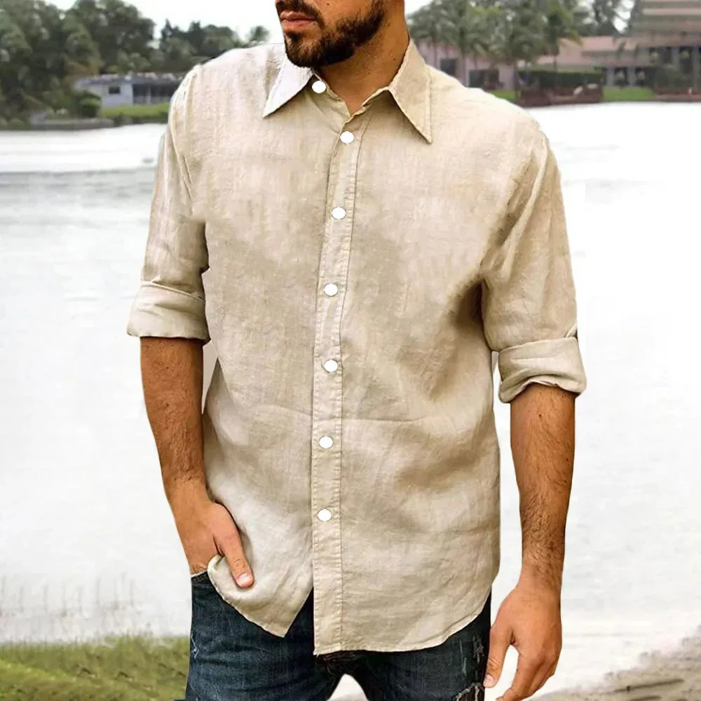 

Cotton And Linen Men's Shirt Long Sleeved Solid Color Casual Top With Collar Design, Classic Shirt Fashionable Men's Clothing