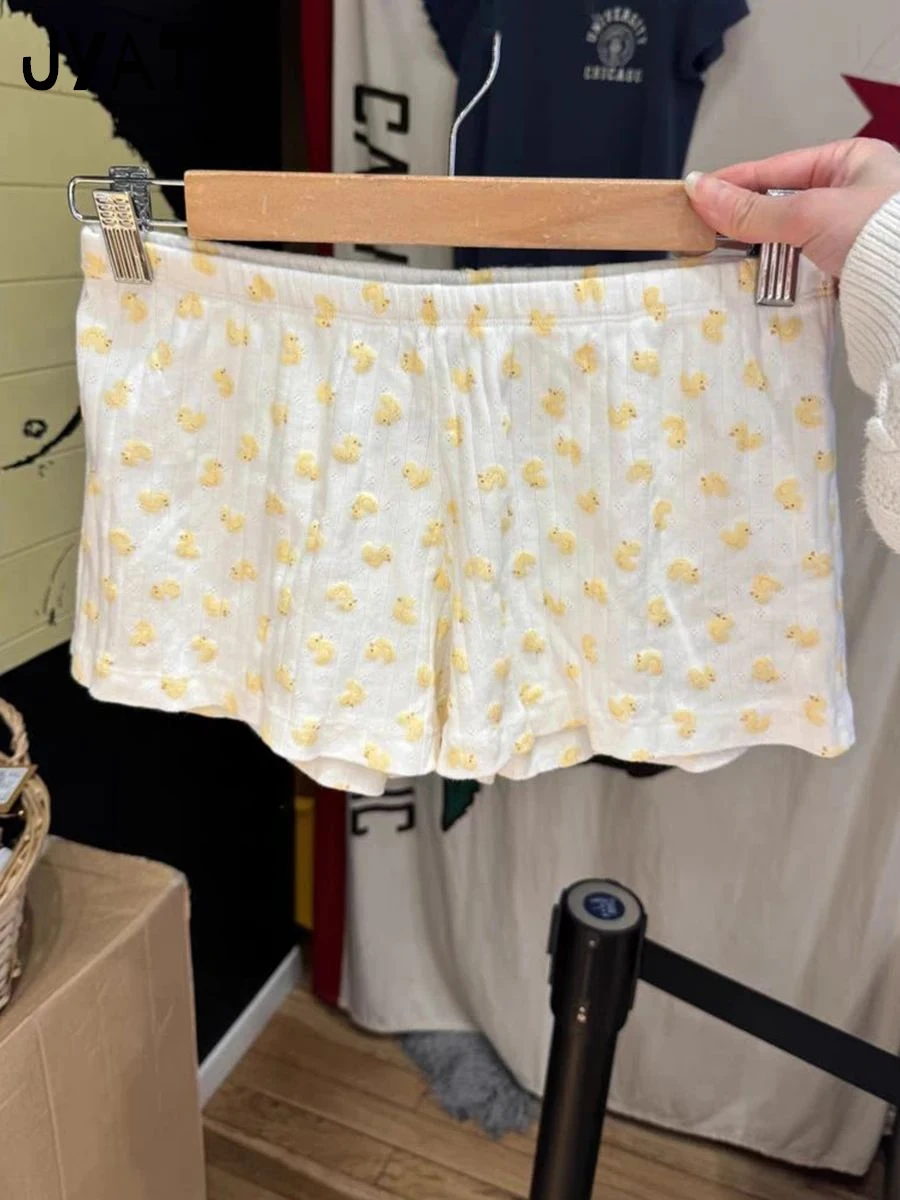 Kleine Ente Druck Baumwolle Öse Shorts Frauen Neue Casual Elastische Hohe Taille Gerade Kurze Hosen Süße Nette Vintage Sweatshorts