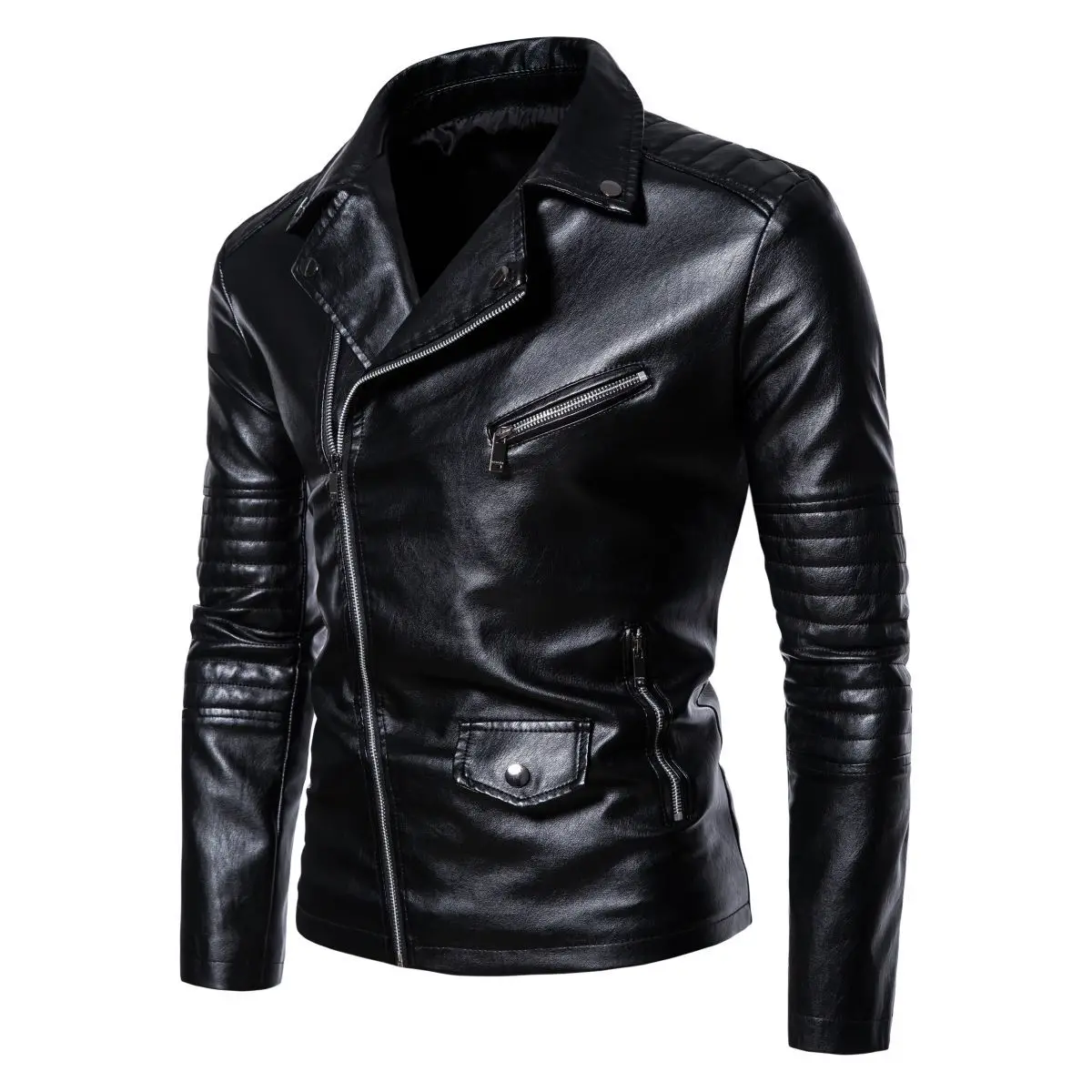 Autumn/Winter Retro Leather Jacket, Flip Collar Slant Zipper Motorcycle Jacket, Large Casual Slim Fit Leather Jacket M-5XL