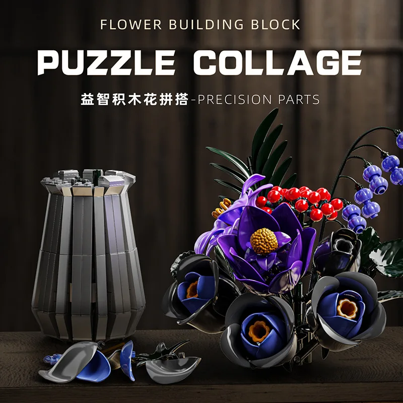 Conjunto de construção de buquê de flores roxo botânico flores artificiais brinquedos decoração gótica dia dos namorados presente de aniversário (836 peças)