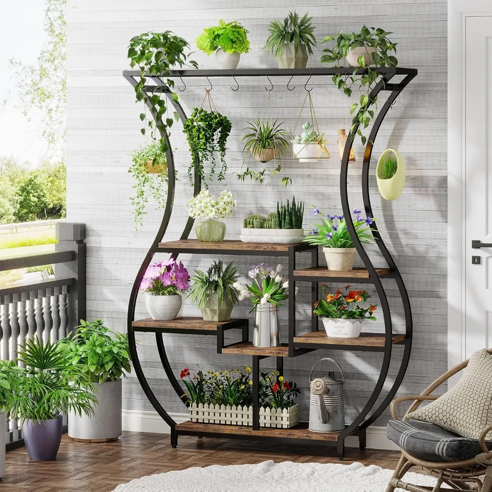 70.9 Inch Tall 6-Tier Vase-Shaped Ladder Plant Stand with 10 Hanging Hooks for Multi-Purpose Use
