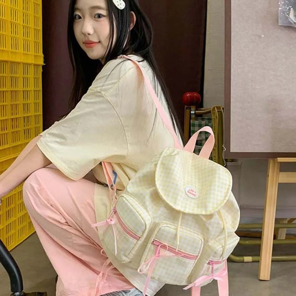

Sweet Korean Drawstring Backpack Large Capacity Bow Women Daily School Bag Plaid Magnetic Button Silver PU Daypack Shopping