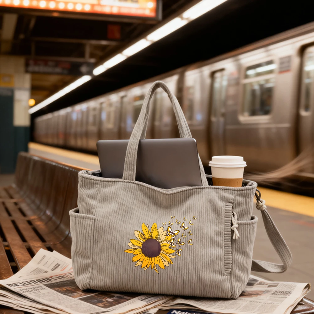 

Sunflower Butterfly Corduroy Tote Bag, Mother's Day Graduation Thanksgiving Christmas Gift For Women Daily Commute Office