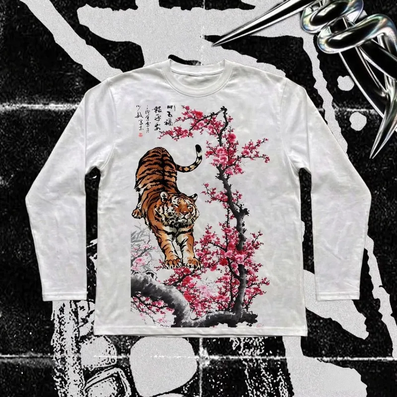 2026 European and American cross border Autumn Winter Y2K Women Fun Horror Tiger Graphic Print Daily Versatile Long Sleeve