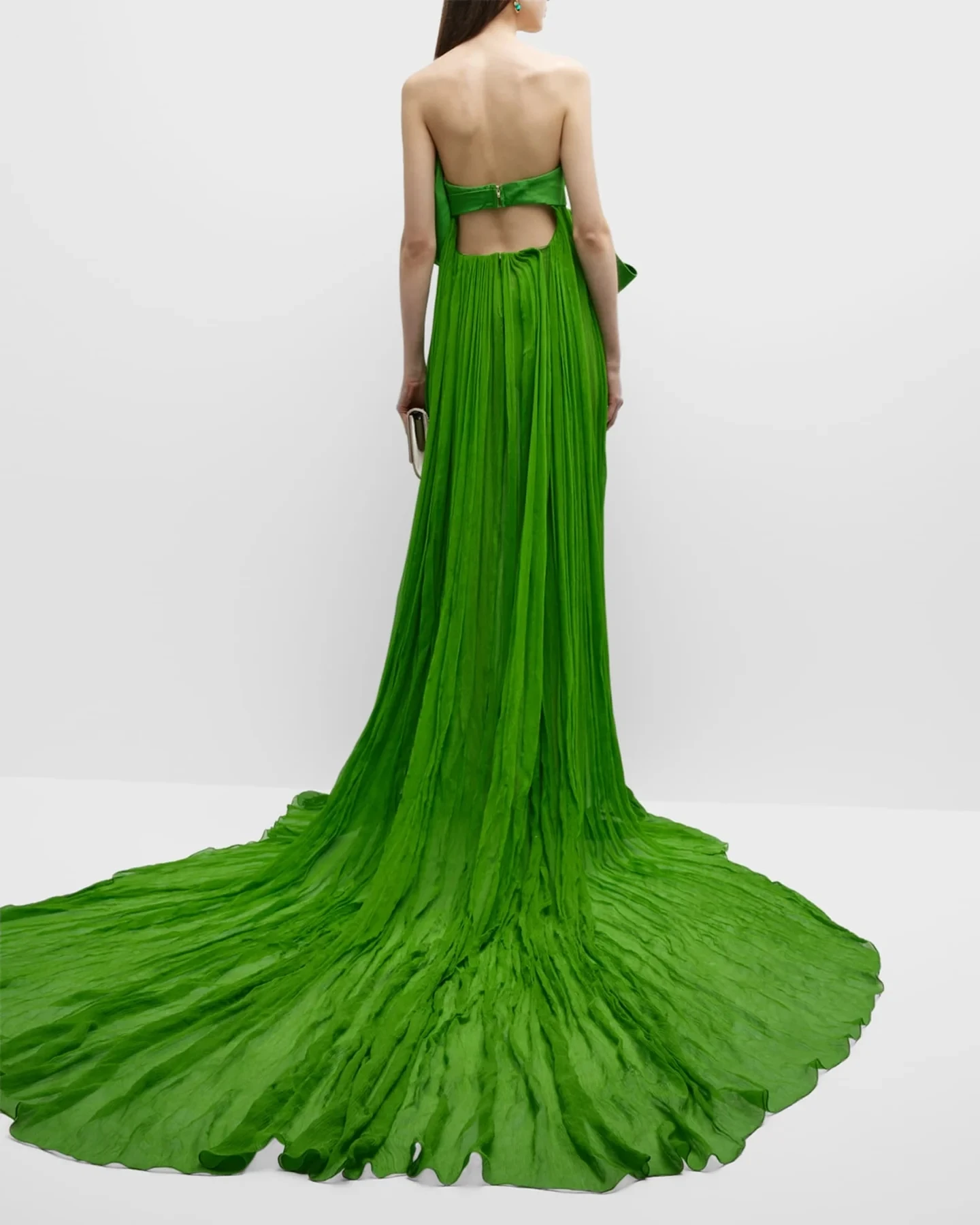 Trendy Green Chiffon Evening Maxi Dress with Big Bow Strapless Flowing Long Train Formal Party Dresses فساتين طويلة Custom Made