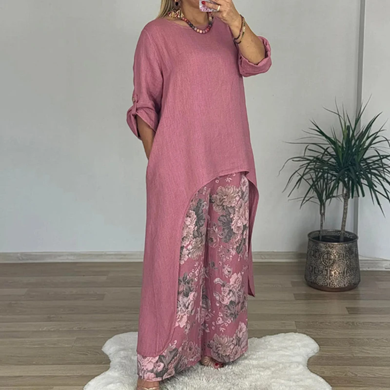 

Casual O-neck Solid Irregular Top & Print Pant Sets Women Elegant Cotton Linen 2Pc Outfits Fashion Wide Legger Loose Pant Suits