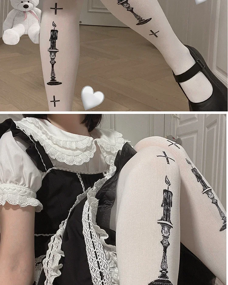 Lolita Socks Women Velvet Print Pantyhose Lolita Sweet Japanese Stockings Black Spring Summer 80D Sexy Stockings 2025 New