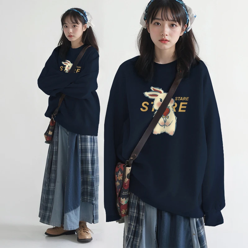 Women's round Ne Fce Lined Sweatirt Loose Fit Thi Long Sve Comfortable Autumn Winter Faionable Top