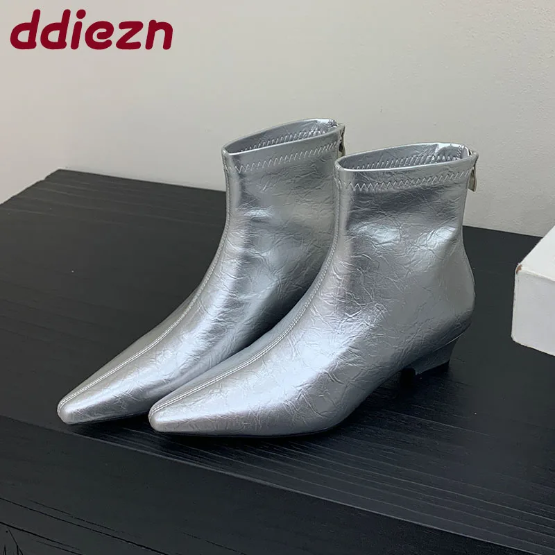 

Новые модные женские современные короткие сапоги с острым носком на молнии, женские эластичные ботильоны на низком каблуке, туфли-лодочки