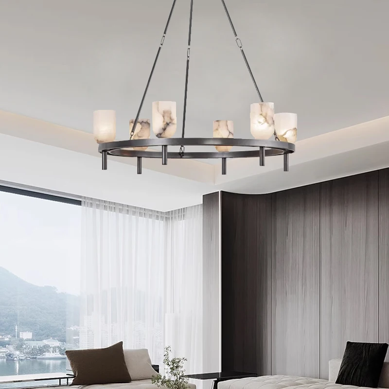 American Luxury Spanish Marble Chandelier Brass Black Round Long Shape Dimmable Ceilings Lustre