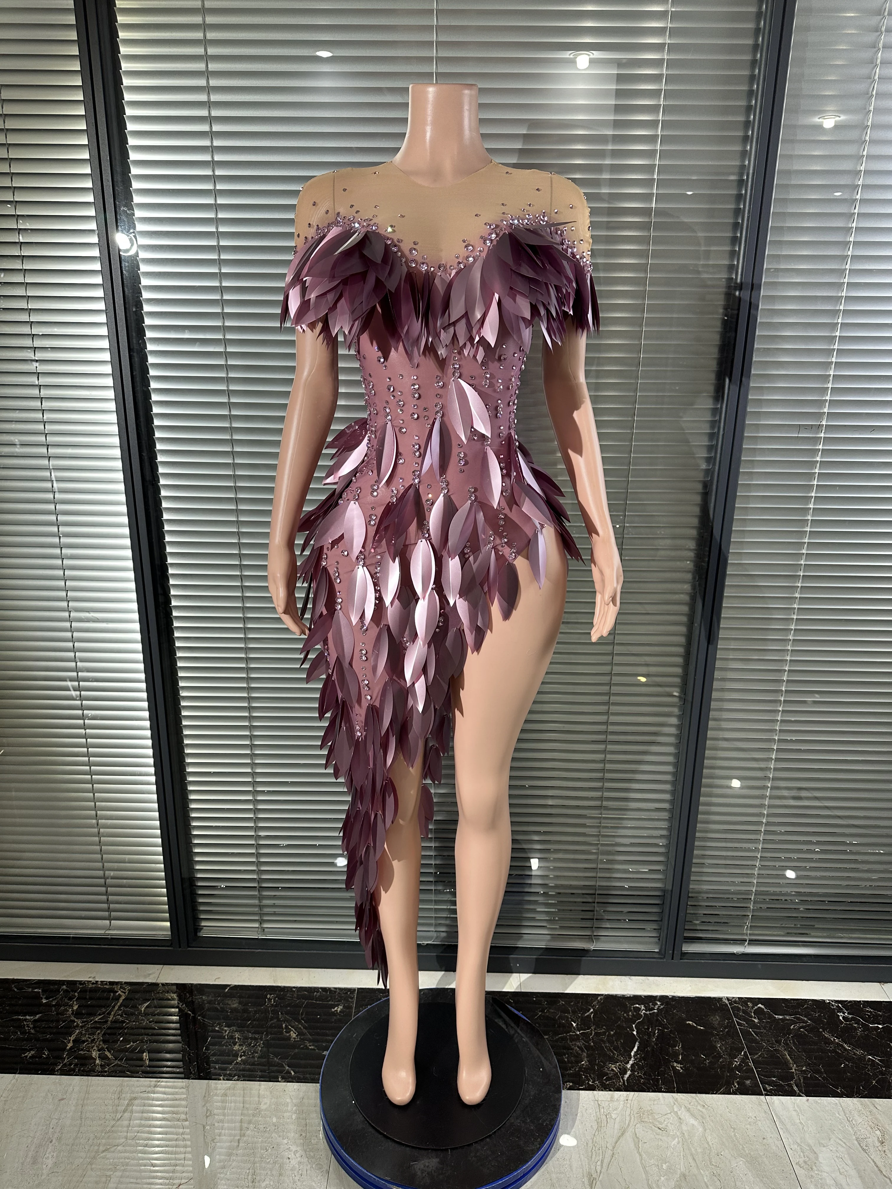 

Elegant Mauve Sheer Mini Dress Asymmetrical Hem Sparkling Party Outfit Sexy Performance Nightclub Glamorous Formal Event Attire