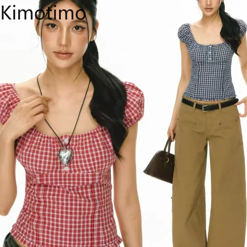 Kimotimo American Retro Plaid Short Sleeve Shirt Women 2026 Summer Sweet Slim Waist Ruffle Crop Top Y2k Aesthetic Fashion Blouse