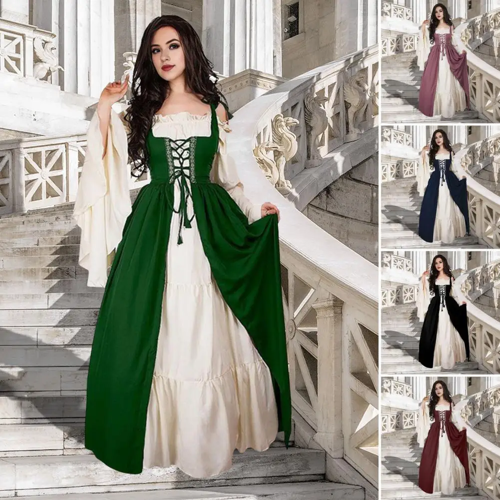 Dress Vintage Renaissance Medieval Court Halloween Costume Maxi Dress Elegant Lace-up Patchwork with Flowy Sleeves Tight Waist