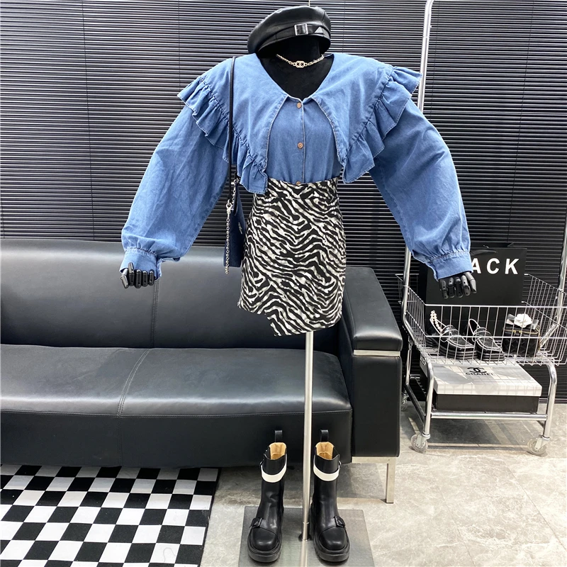 

New Brand Original Design Large Lapel Ear Edge Aging Baby Shirt 2022 Versatile Buckle Lantern Sleeve Denim Blouse