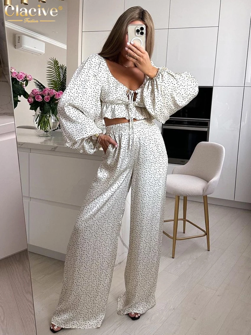 Clacive Fashion Loose Print 2 Piece Sets Women Outfit 2025 Elegant Long Sleeve Crop Top With High Waist Wide Pants Set Female