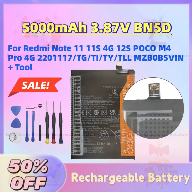 

High-Quality 5000mAh 3.87V BN5D Phone Battery for Redmi Note 11 11S 4G 12S POCO M4 Pro 4G 2201117/TG/TI/TY/TLL MZB0B5VIN + Tool