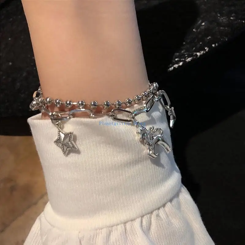 

652B Vintage Simple Double Layer Bracelets Star Charm Wrist Charm Party Jewelry Gift