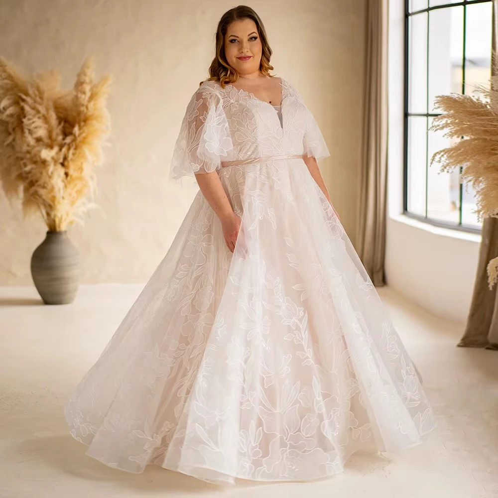 Customized Unique Plus Size Wedding Dress Batwing Sleeves V Neck A Line Lace Bridal Gown Sweep Train Vestido Bridal Gown