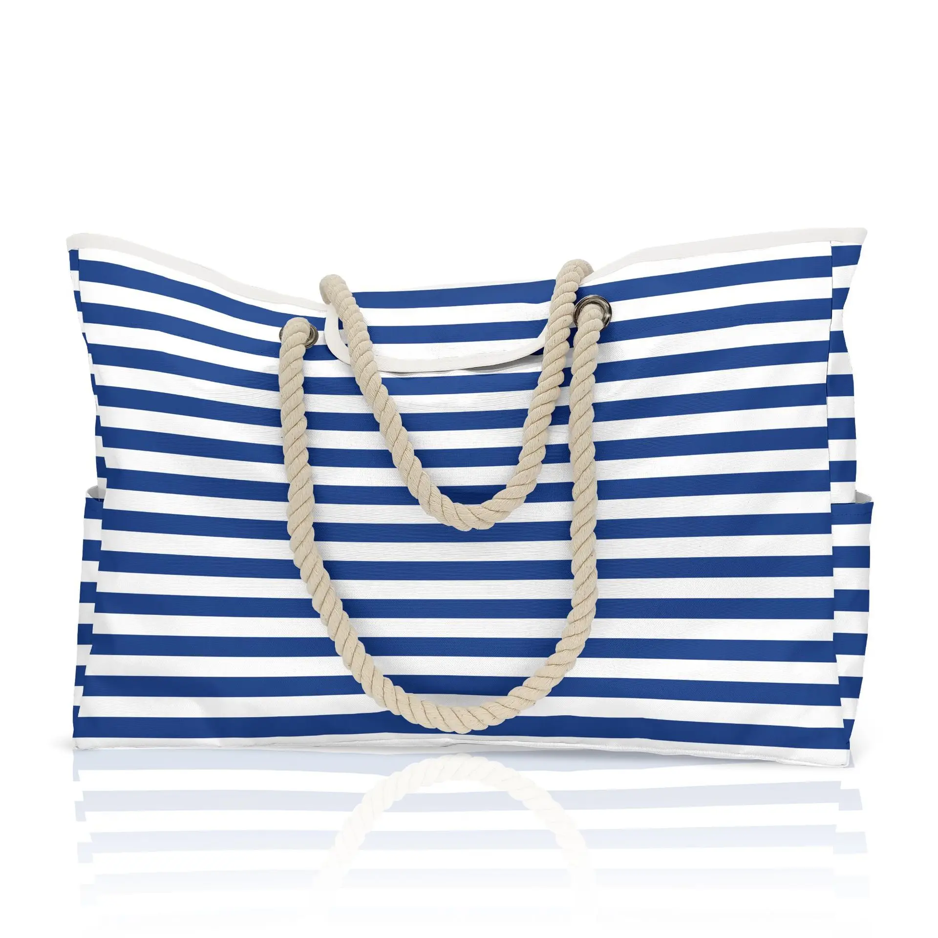 Oxford Cloth Beach Bag Open Pocket Summer Large Capacity Beach Bag Blue and White Striped Handbag