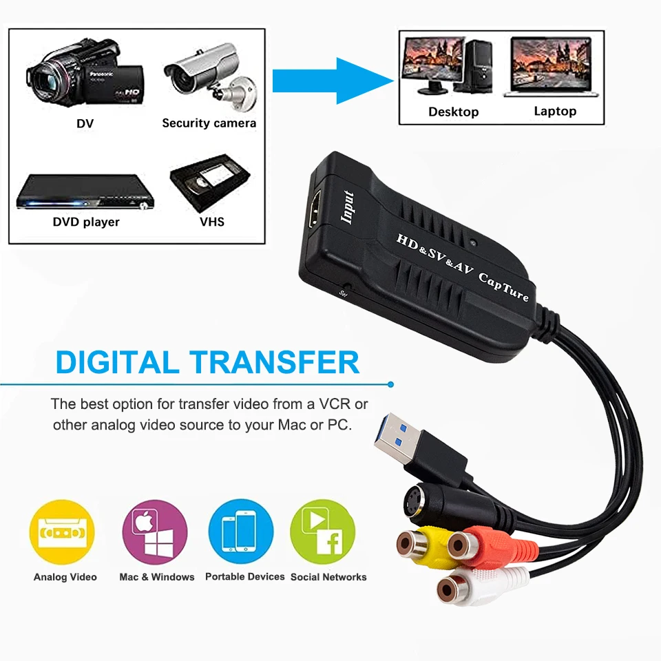 USB2.0 Video Capture Card HD/RCA/S-video to USB Audio Video Record Capture Device VHS to Digital Converter for Hi8 DVD PS4