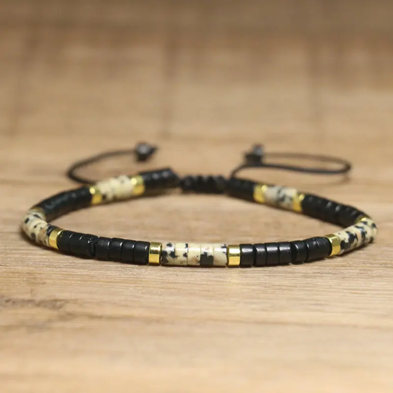 Armband mit schwarzen Achat-Perlen im böhmischen Stil |   Verstellbares handgewebtes Naturstein-Accessoire |   Geburtstagsgeschenk zum Jahrestag