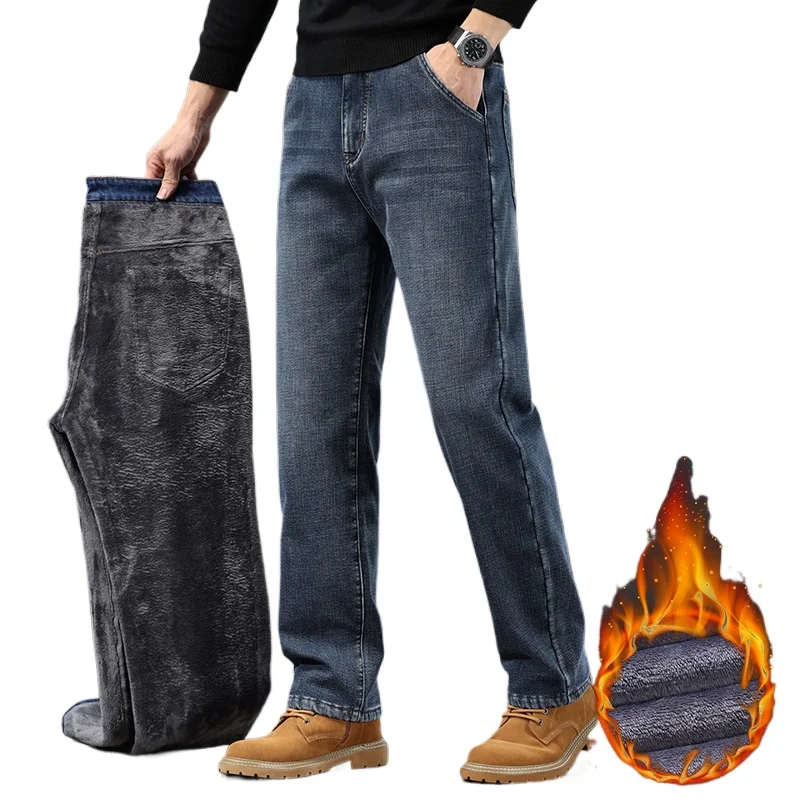 

Зимние флисовые мужские джинсы, классические свободные прямые теплые утепленные брюки, деловые повседневные бархатные эластичные джинсовые брюки, большие размеры 42 44