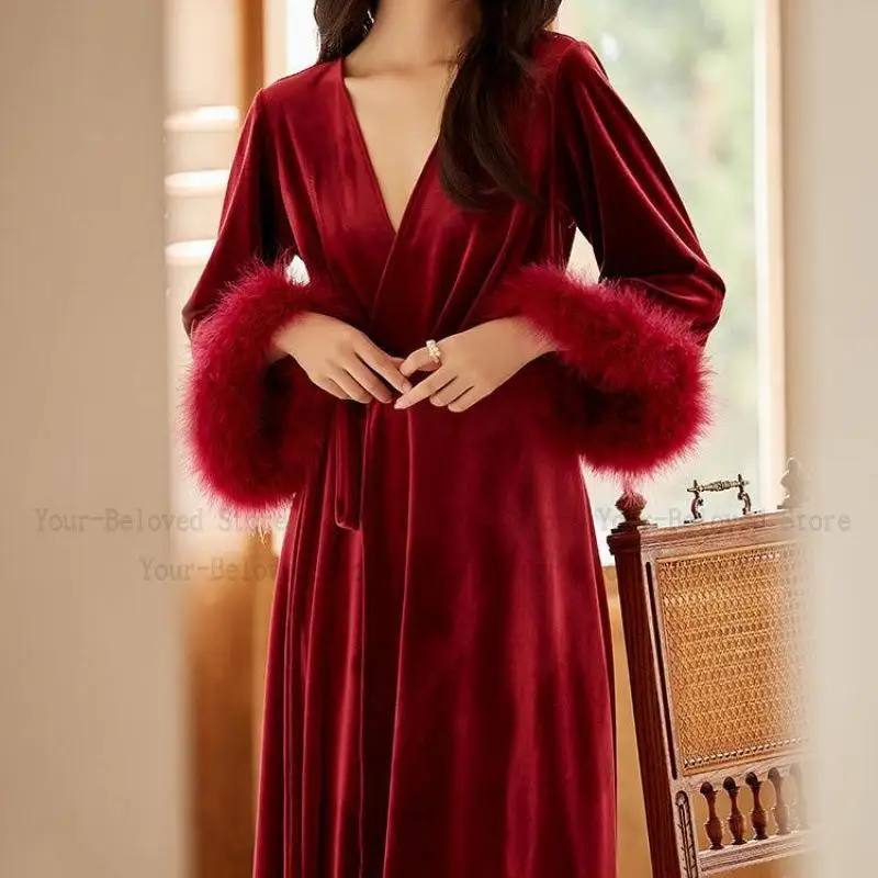 Winter Warm Velour Kimono Robe Elegant Feather Sleeve Vestidos De Novia Manga Larga Long Sleepwear Peignoire Nightdress