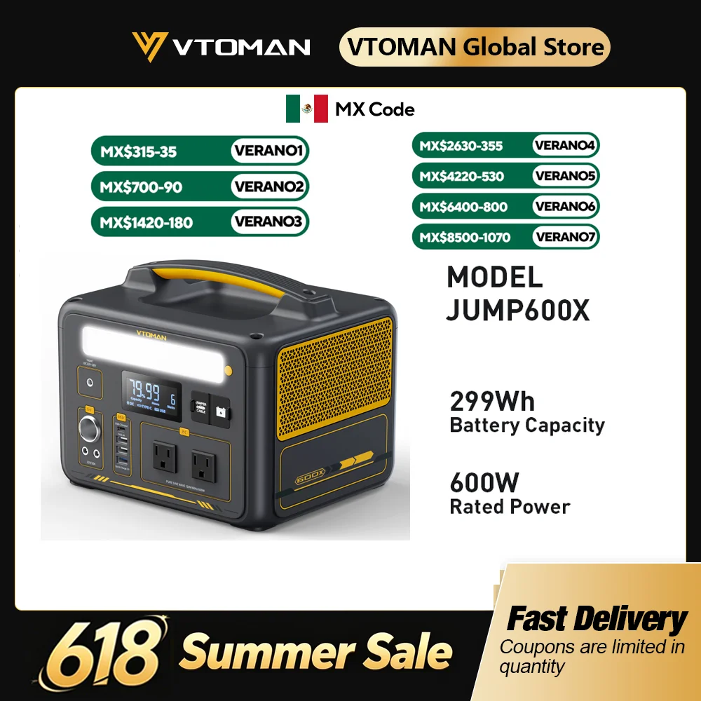 VTOMAN JUMP 600X Portable Power Station 299Wh Solar Generator LiFePO4 1200W Peak Power Powerstation Emergency Backup