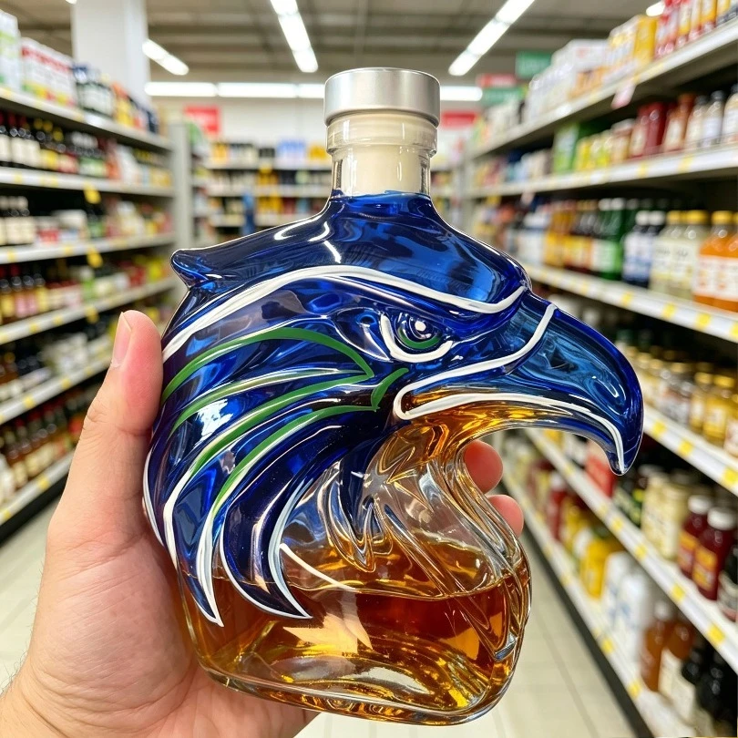 Eagle Head Shaped Glass Decanter Hand Painted Blue Clear Liquor Bottle Whiskey Brandy Storage Vase Bar Home Decor Gift