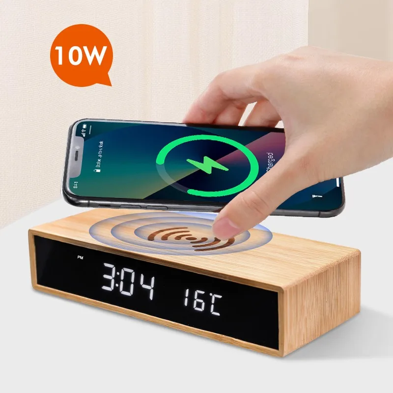 Bamboo 10W Wireless Charging Alarm Clock Desktop LED Digital Clock Time Temperature Date Display Voice Control Noctilucent