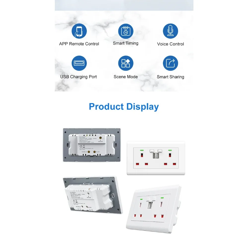 CBE UK Tuya WIFI Smart Stopcontact Dubbele USB-poorten Oplader 13A Fysieke toetsen Werken met Alexa Google Home Spraakbesturing