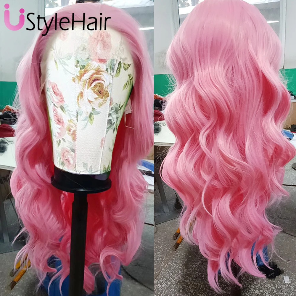 UStyleHair 다크 블루 레이스 가발, 긴 바디 웨이브, 합성 레이스 프론트 가발, 자연스러운 헤어 라인, 데일리 코스프레 헤어