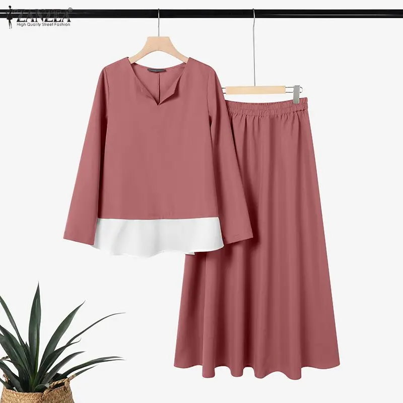 2026 ZANZEA Autumn Women Fashion Dress Sets Long Sleeve Color Patchwork Tops and Maxi Skirts Elegant 2pcs Casual Street Outfits