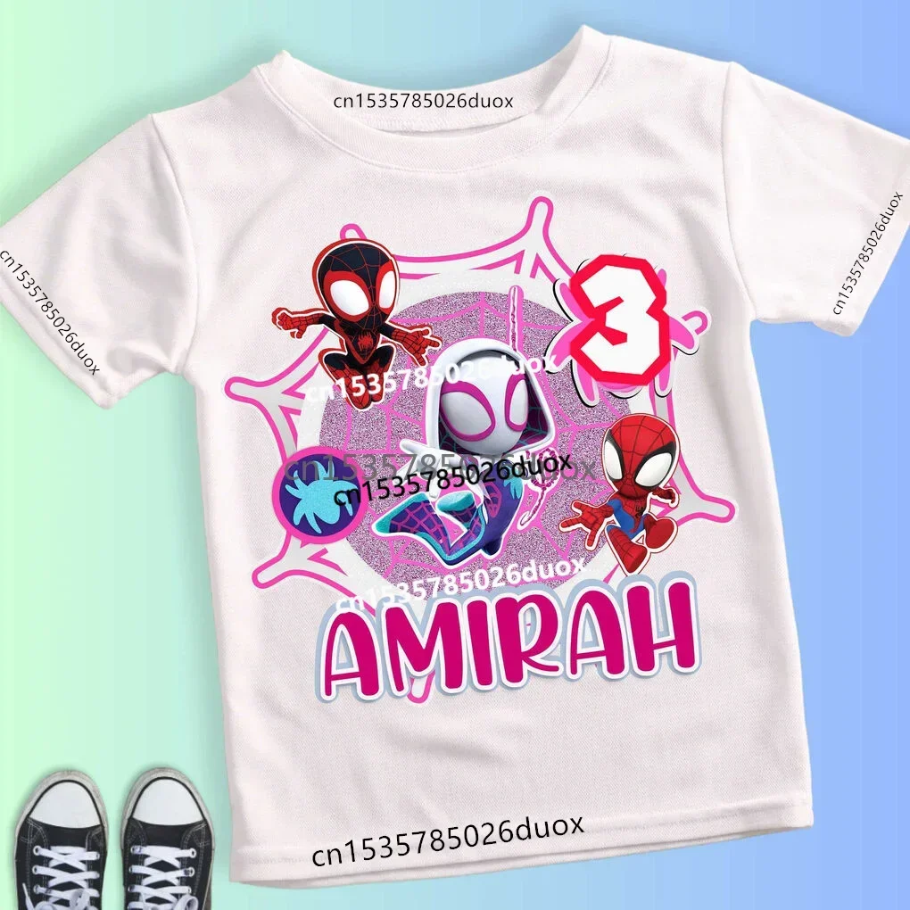 Children Summer 2 3 4 5 6 7 8 9 Marvel Spiderman Girl Birthday Short Sleeve Shirt Spiderman Birthday Girl Custom Name Kid Tshirt