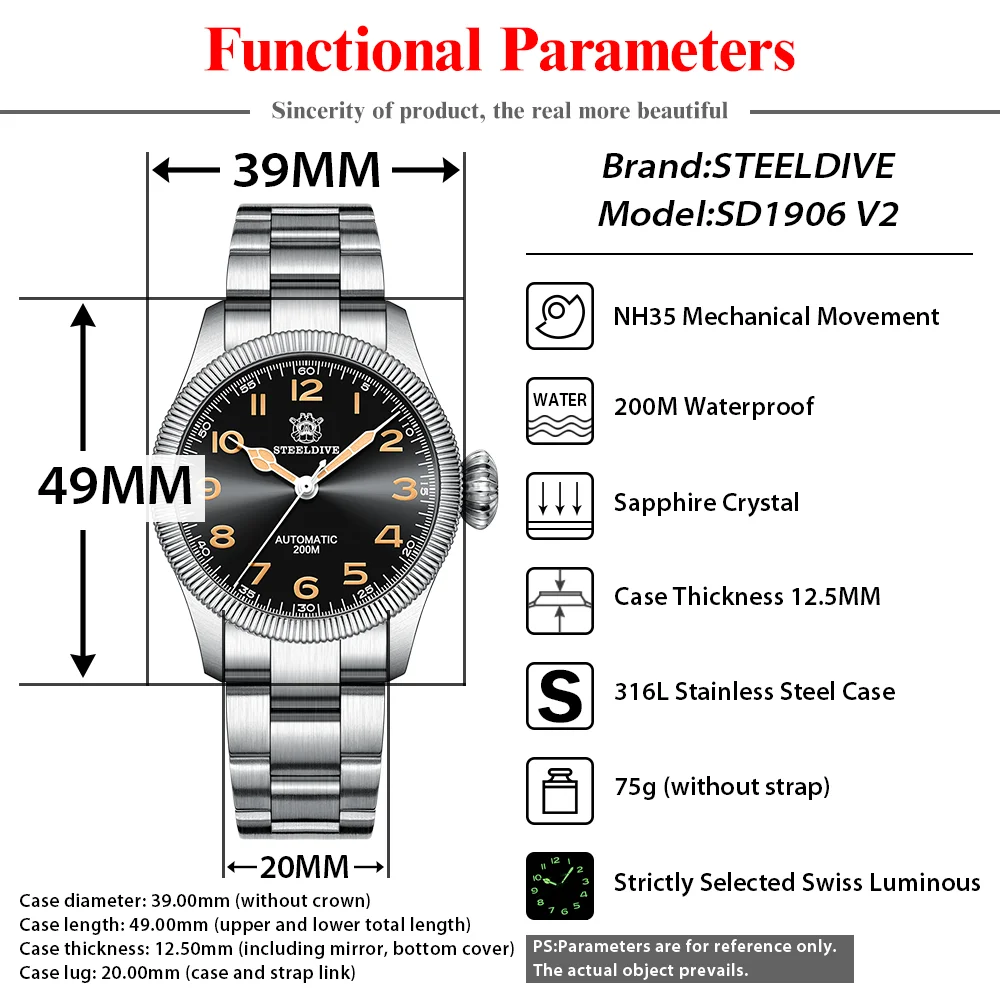 STEELDIVE SD1906 V2 Mechanical Watch Big Onion Crown 200M Waterproof Swiss Luminous 316L Stainless Steel Case Fashion Dive Pilot