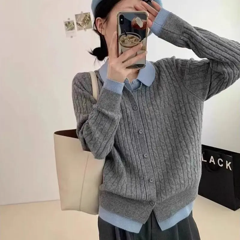 Fake Two Sweaters Knitted Sweater Spring and Autumn Korean Version POLO Collar Slim Fit Western-style Women\'s Cardigan Top