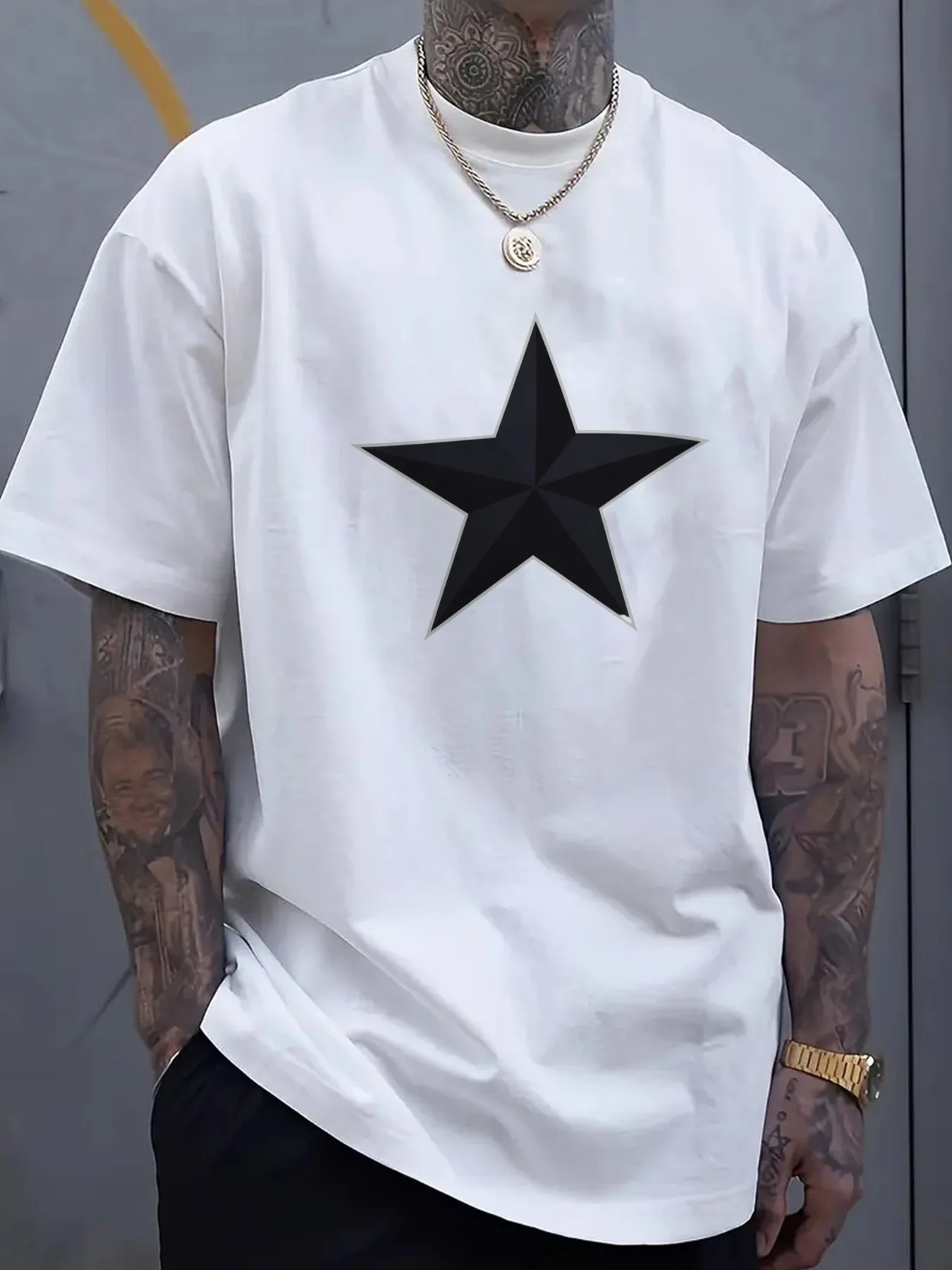 [Black Star Tee] Oversized Unisex Black Star Graphic T-Shirt |   Short Sleeve Round Neck Summer Casual Top, Machine Washable, Loose Fit Shirt