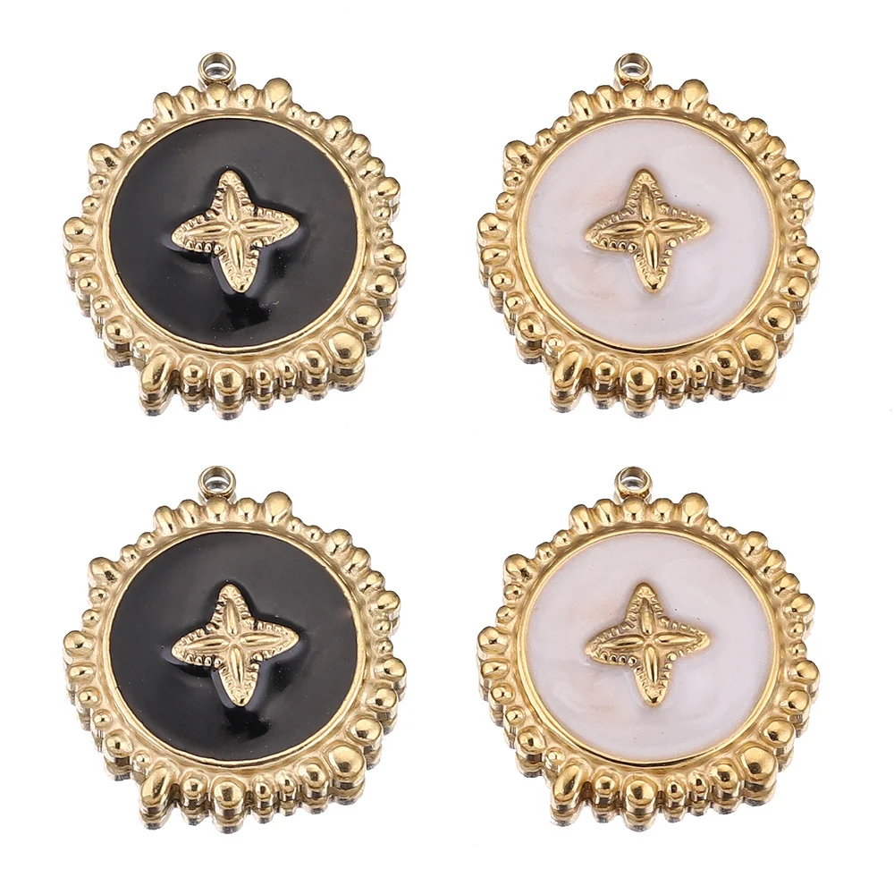 5pcs Stainless Steel Enamel White Black Medals Charms for Jewelry Making Plated 18K Gold Findings Creation Accessories Wholesale