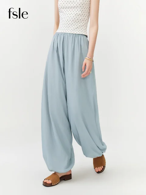 FSLE 2026 Summer Women Balloon Pants High Waist Elastic Waist Leg Culottes Loose Fit Tapered Cargo Joggers Vacation Boho Style