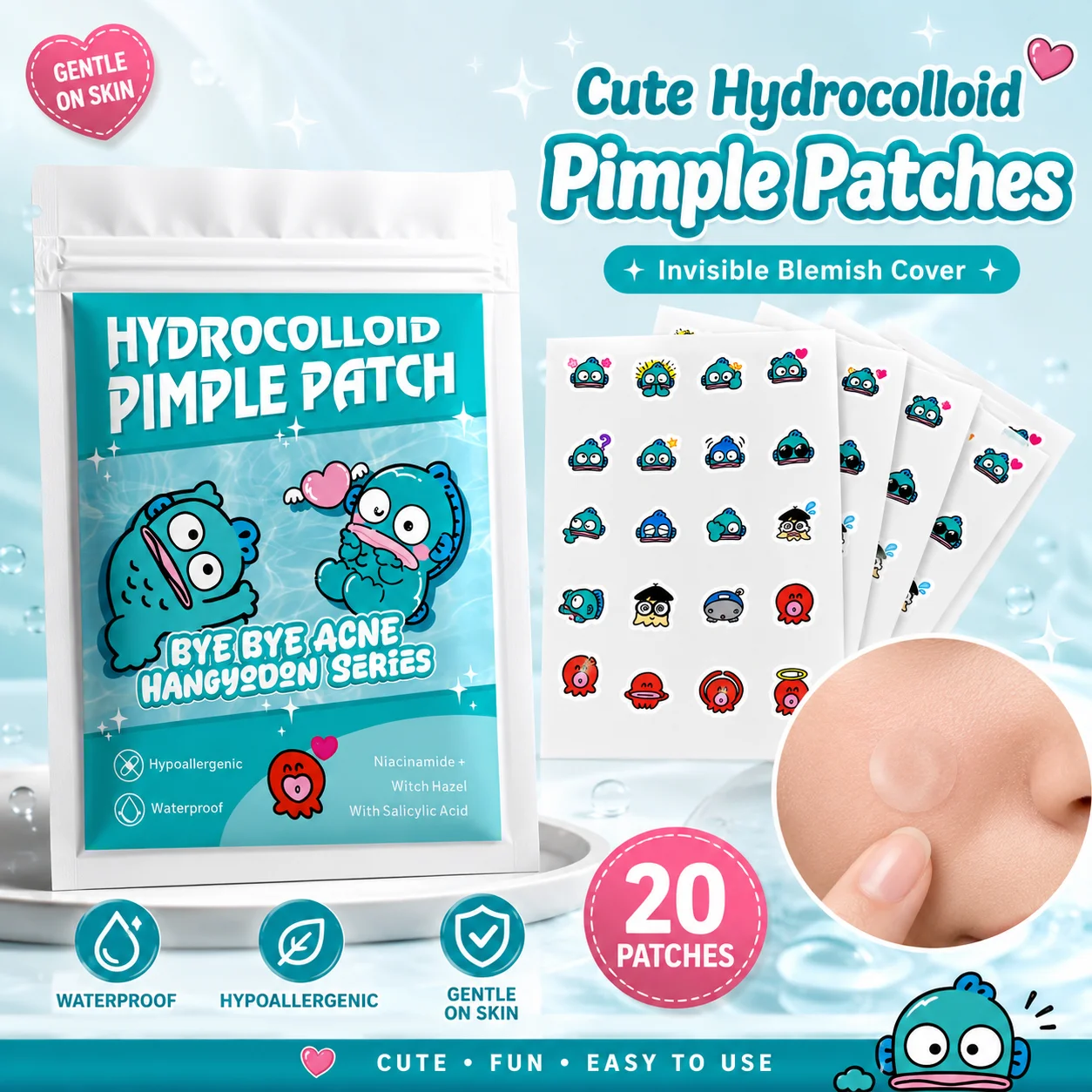 20/100pcsHangyodon Cute Character Pimple Patches Hydrocolloid Acne Spot Cover, Invisible Cartoon Face Care Stickers