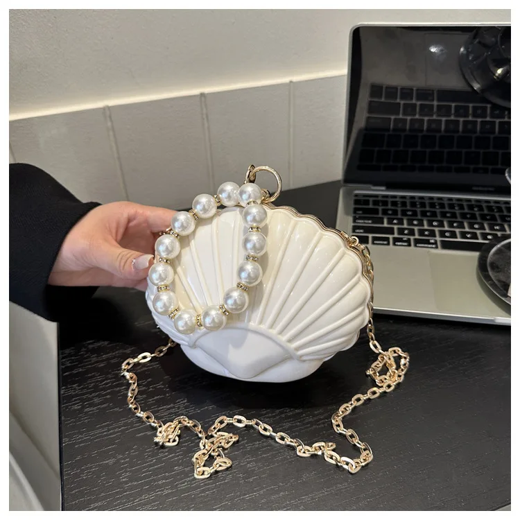 Acrylic Seashell Small Evening Bags For Women Pearl Chain Handbags Fashion Cute Mini Clutches Prom Party Shoulder Bags Handbag